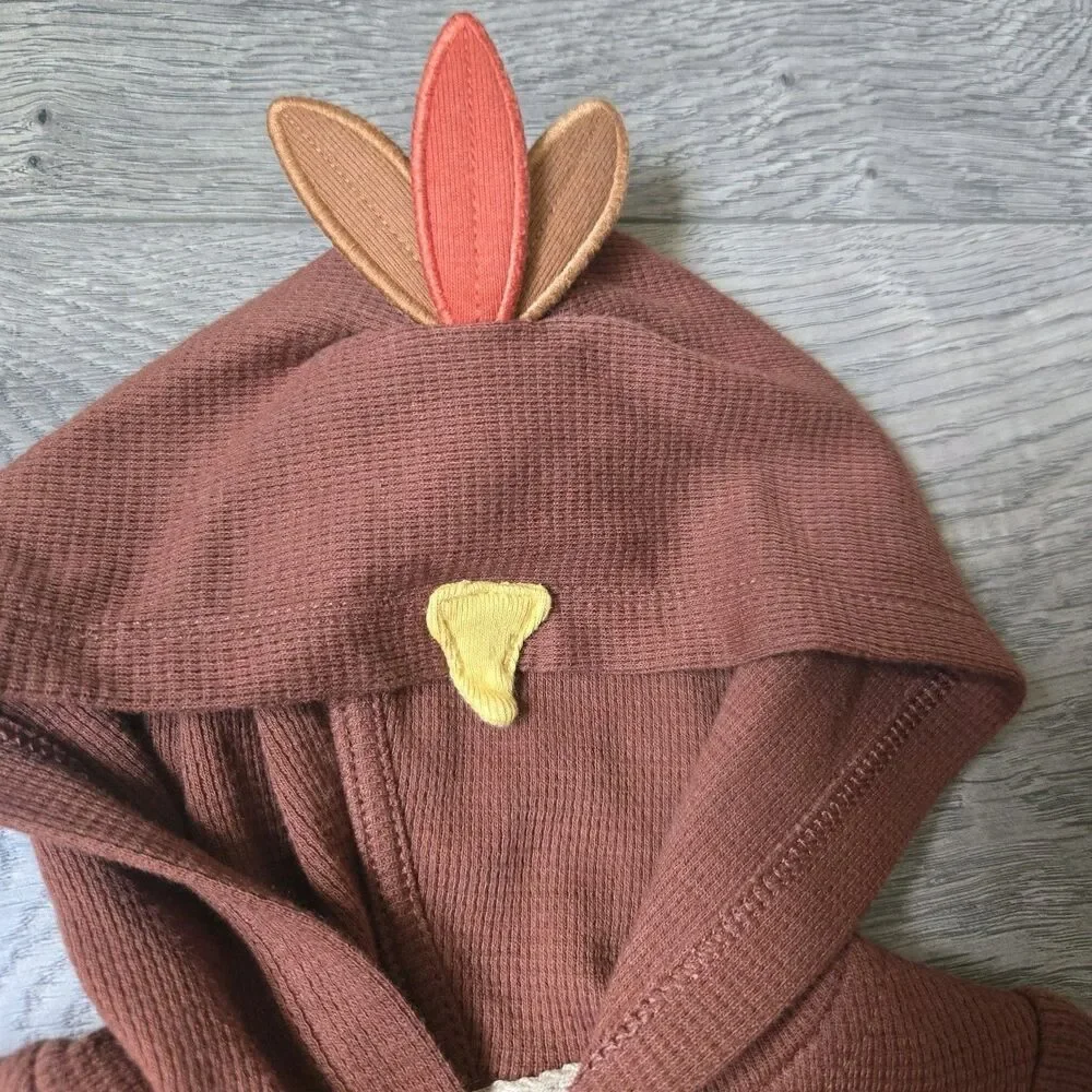 Carters 3M Baby Turkey Thanksgiving Jumpsuit Brown Waffle Thermal Romper Hooded